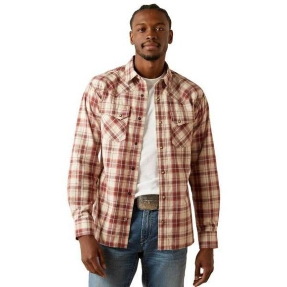 Ariat Men's Hendricks Retro Fitted Plaid Snap Western Shirt Off White/Red - Picture 1 of 3
